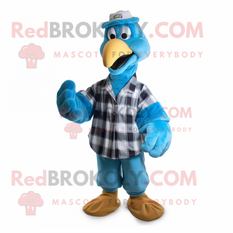 Blue Dodo Bird mascot costume character dressed with a Flannel Shirt and Foot pads