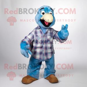 Blue Dodo Bird mascot costume character dressed with a Flannel Shirt and Foot pads