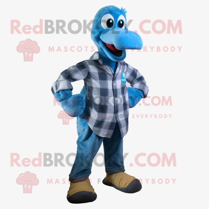 Blue Dodo Bird mascot costume character dressed with a Flannel Shirt and Foot pads