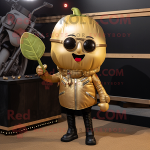 Gold Turnip mascot costume character dressed with a Biker Jacket and Earrings