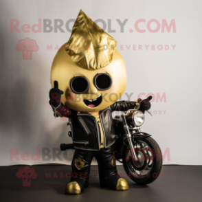 Gold Turnip mascot costume character dressed with a Biker Jacket and Earrings