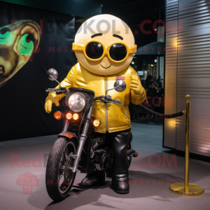 Gold Turnip mascot costume character dressed with a Biker Jacket and Earrings