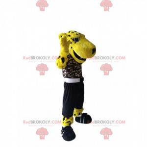 Beautiful leopard mascot with a camouflage jersey -