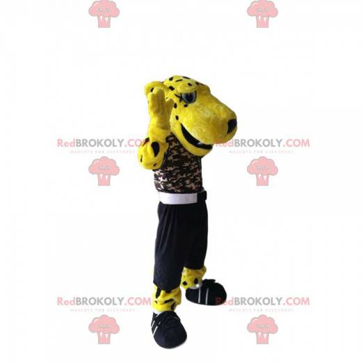 Schönes Leopardenmaskottchen mit einem Tarnjersey -