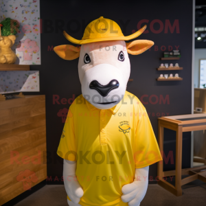 Yellow Hereford Cow mascot costume character dressed with a Polo Shirt and Hat pins