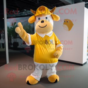 Yellow Hereford Cow mascot costume character dressed with a Polo Shirt and Hat pins