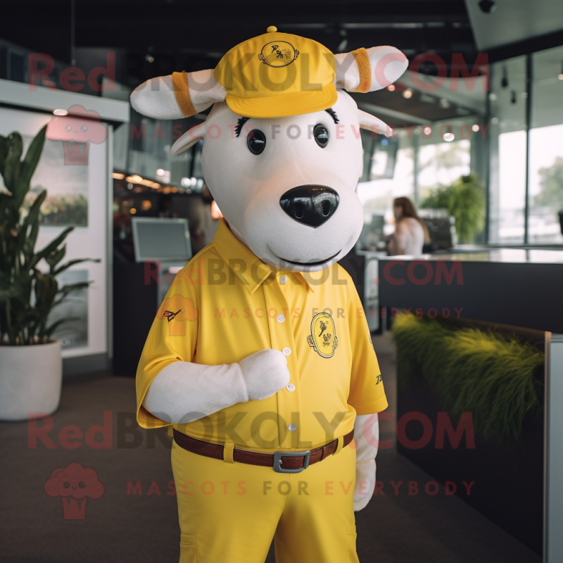 Yellow Hereford Cow mascot costume character dressed with a Polo Shirt and Hat pins Yellow Hereford Cow mascot costume character dressed with a Polo Shirt and Hat pins