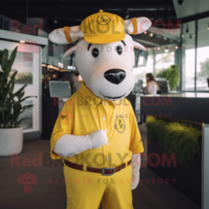 Yellow Hereford Cow mascot costume character dressed with a Polo Shirt and Hat pins