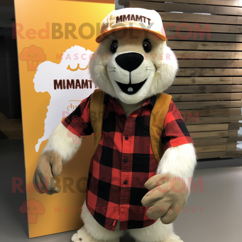 Cream Marmot mascot costume character dressed with a Flannel Shirt and Beanies Cream Marmot mascot costume character dressed with a Flannel Shirt and Beanies