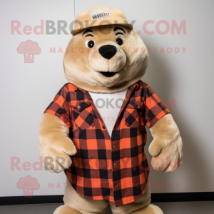 Cream Marmot mascot costume character dressed with a Flannel Shirt and Beanies