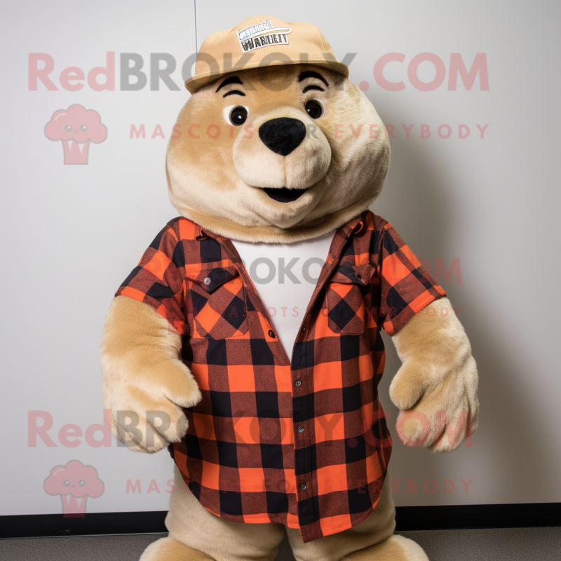 Cream Marmot mascot costume character dressed with a Flannel Shirt and Beanies Cream Marmot mascot costume character dressed with a Flannel Shirt and Beanies