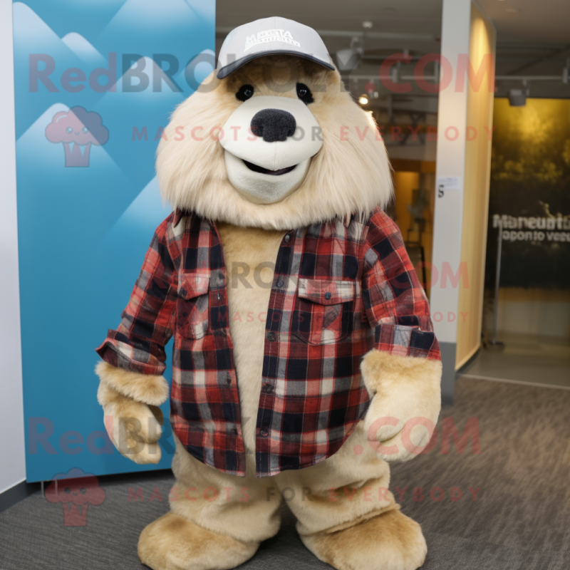 Cream Marmot mascot costume character dressed with a Flannel Shirt and Beanies Cream Marmot mascot costume character dressed with a Flannel Shirt and Beanies