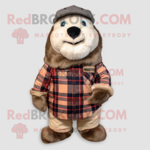 Cream Marmot mascot costume character dressed with a Flannel Shirt and Beanies