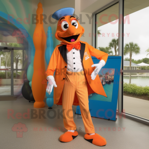 Orange Stilt Walker mascot costume character dressed with a Bermuda Shorts and Bow ties