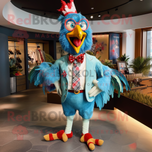 Turquoise Roosters mascot costume character dressed with a Romper and Bow ties
