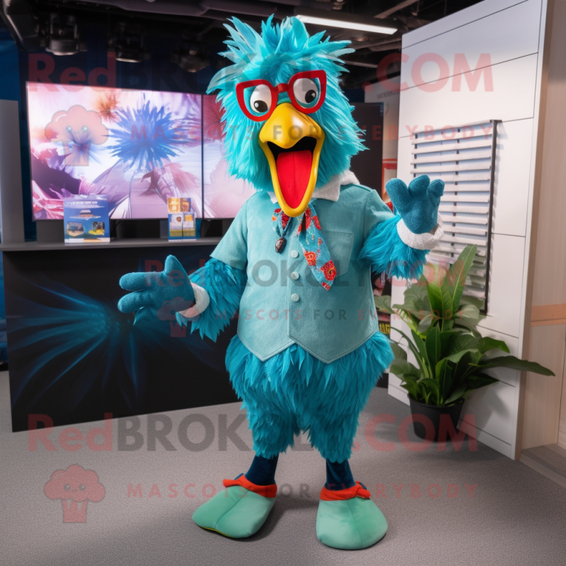 Turquoise Roosters mascot costume character dressed with a Romper and Bow ties