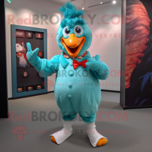 Turquoise Roosters mascot costume character dressed with a Romper and Bow ties