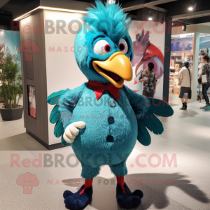 Turquoise Roosters mascot costume character dressed with a Romper and Bow ties
