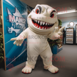 Cream Shark mascot costume character dressed with a Jumpsuit and Anklets