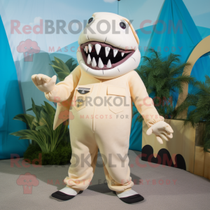 Cream Shark mascot costume character dressed with a Jumpsuit and Anklets