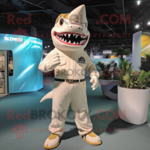 Cream Shark mascot costume character dressed with a Jumpsuit and Anklets