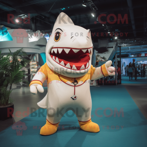 Cream Shark mascot costume character dressed with a Jumpsuit and Anklets