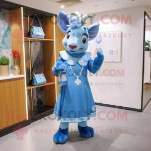 Sky Blue Goat mascot costume character dressed with a A-Line Dress and Clutch bags