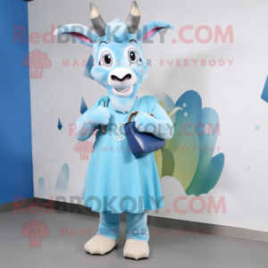 Sky Blue Goat mascot costume character dressed with a A-Line Dress and Clutch bags
