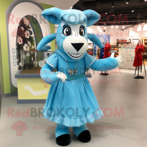 Sky Blue Goat mascot costume character dressed with a A-Line Dress and Clutch bags