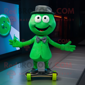 Green Skateboard mascot costume character dressed with a Playsuit and Bow ties