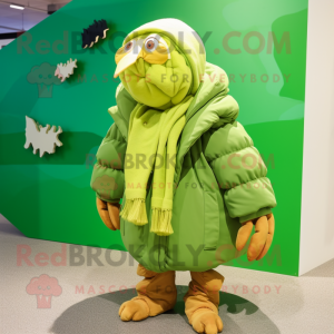 Lime Green Hermit Crab mascot costume character dressed with a Parka and Scarf clips