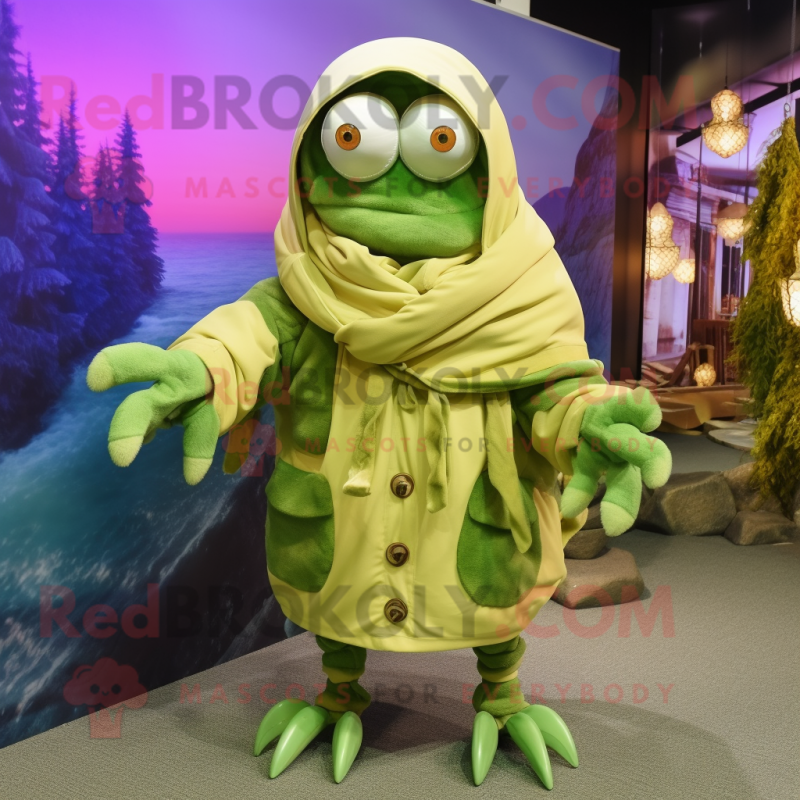 Lime Green Hermit Crab mascot costume character dressed with a Parka and Scarf clips