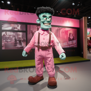 Pink Frankenstein mascot costume character dressed with a Button-Up Shirt and Belts