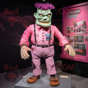 Pink Frankenstein mascot costume character dressed with a Button-Up Shirt and Belts