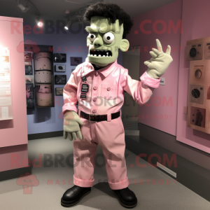 Pink Frankenstein mascot costume character dressed with a Button-Up Shirt and Belts