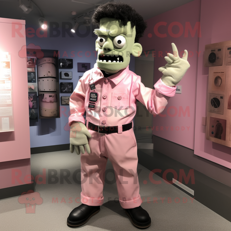 Pink Frankenstein mascot costume character dressed with a Button-Up Shirt and Belts Pink Frankenstein mascot costume character dressed with a Button-Up Shirt and Belts