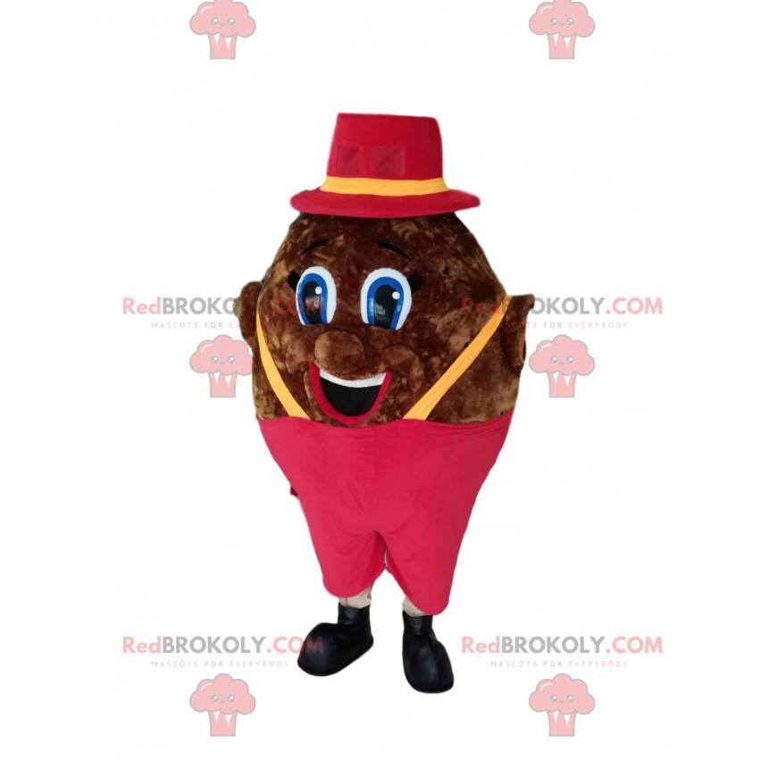 Plump brown snowman mascot with fuchsia overalls - Plump brown snowman mascot with fuchsia overalls -