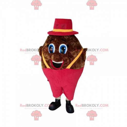 Pralles braunes Schneemannmaskottchen mit pinkfarbenem Overall