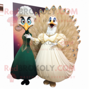 Cream Peacock mascot costume character dressed with a Ball Gown and Watches