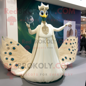 Cream Peacock mascot costume character dressed with a Ball Gown and Watches