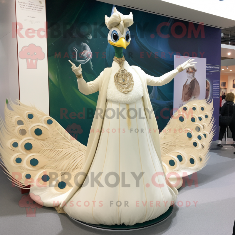 Cream Peacock mascot costume character dressed with a Ball Gown and Watches