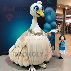 Cream Peacock mascot costume character dressed with a Ball Gown and Watches
