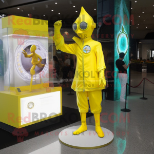 Lemon Yellow Magician mascot costume character dressed with a Rash Guard and Digital watches