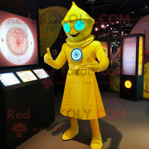 Lemon Yellow Magician mascot costume character dressed with a Rash Guard and Digital watches
