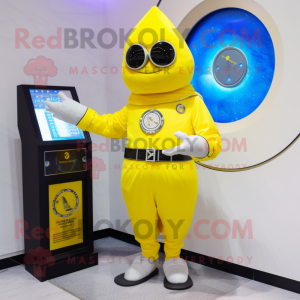 Lemon Yellow Magician mascot costume character dressed with a Rash Guard and Digital watches