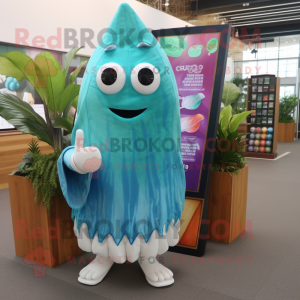 Cyan Beet mascot costume character dressed with a Board Shorts and Shawls