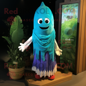 Cyan Beet mascot costume character dressed with a Board Shorts and Shawls