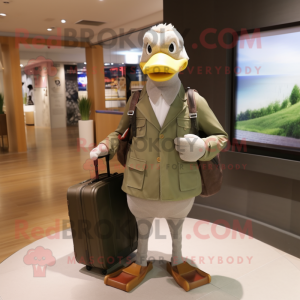 Olive Goose mascot costume character dressed with a Suit Pants and Backpacks