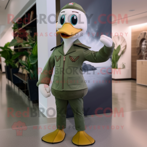 Olive Goose mascot costume character dressed with a Suit Pants and Backpacks