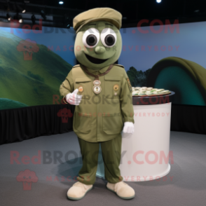 Olive Bagels mascot costume character dressed with a Cargo Pants and Lapel pins